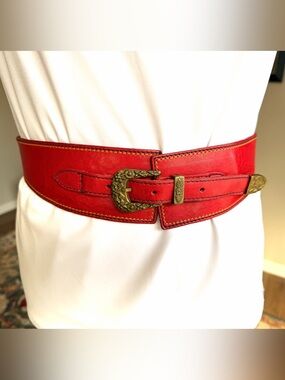 Vintage ECHO Tomato Red Genuine Leather Wide Waist Belt Medium